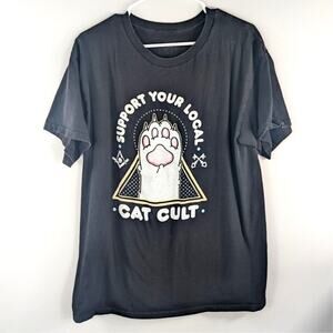 Kawaii Krypt L Support Your Local Cat Cult Faded Black Graphic Tee Cat Occult
